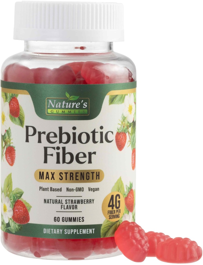 Gummies de fibra para adultos, Suplemento diario 4g de fibra de goma, Prebiótico Gummy Apoyo a la salud digestiva - Mandíbulas de fibra con base vegetal, prebióticos soporta la regularidad y la digestión No GMO - 60 Gummies