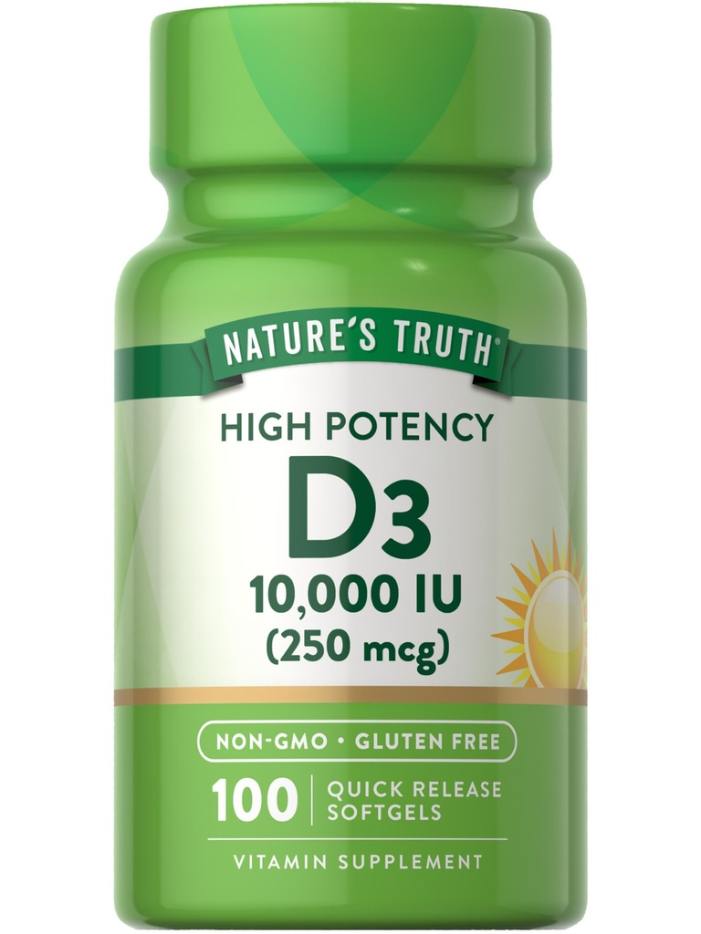 La verdad de la naturaleza D3 Vitamina 10,000 U Softgels Suplemento Silencio 100 Cuenta Silencioso Fórmula de alta potencia