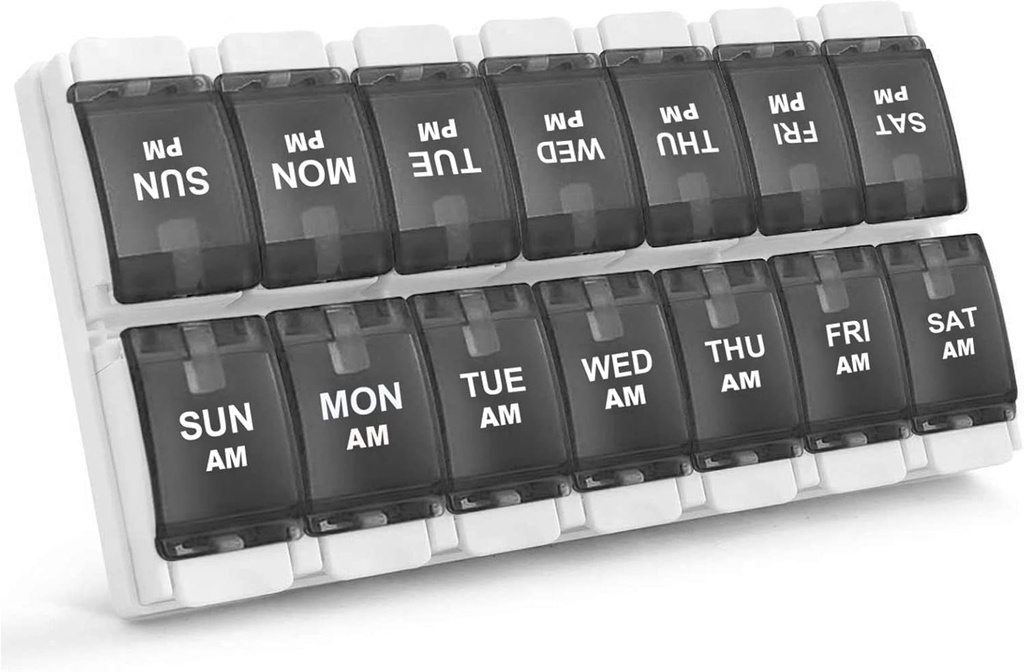 Sukuos AM PM Organizador semanal de 7 días, 2 veces una caja de píldoras de día con artritis botón de empuje amigable, Casos de medicina para aceite/suplementos de vitamina/Fish, fácil de limpiar (negro)