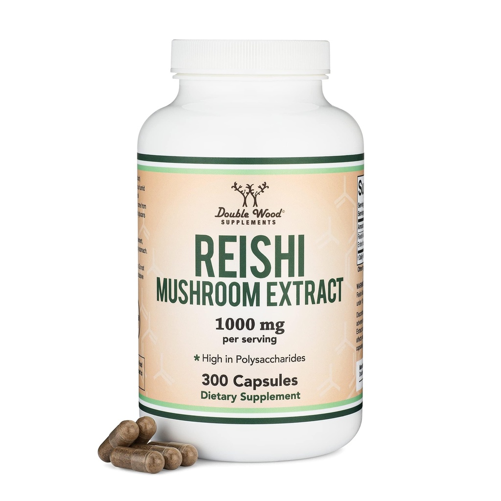 Reishi Mushroom Capsules (4:1 Ganoderma Extract, 1000mg Red Reishi Powder Servings) 300 Conde, 5 meses de suministro, Potent Mushroom Suplemento para el Sistema Immune Apoyo y Defensa por Madera Doble