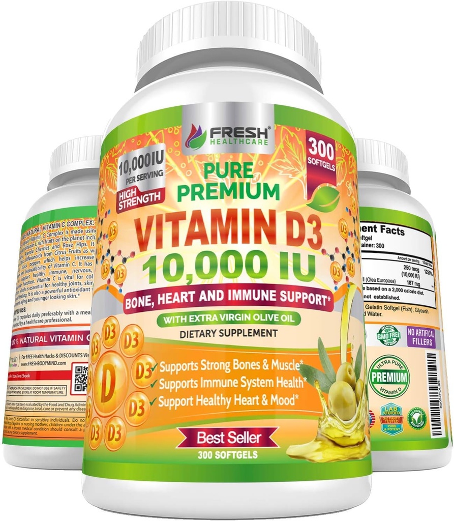Vitamina D3 10000 UI (250mcg) con aceite de oliva virgen extra - Soporte inmunitario - 300 Softgels para articulaciones, bonificación, musculo y salud mood - Suplemento No-GMO Vitamina D