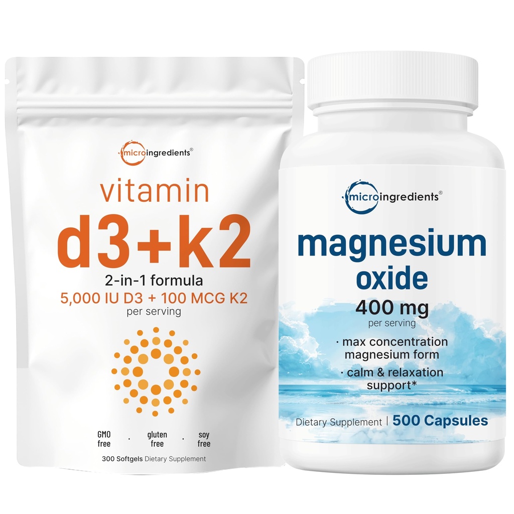 Micro Ingredientes Vitamina D3 5,000iu + K2 100mcg Softgels & Magnesium Oxide 400mg Bundle Pack ← Esencial Sunshine Vitaminas ← Formulario Elemental para Max Concentration