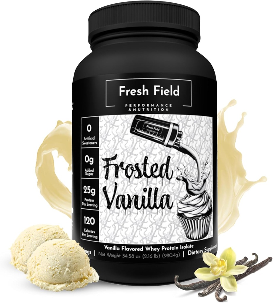 Fresh Field Vanilla Protein Powder - 25g Whey Protein Isolate, Gluten-Free & Soy-Free, Sugar-Free, 30 Servings - Natural Whey Protein Powder for Workout Fitness & Nutrition Shakes - 2.16 lb