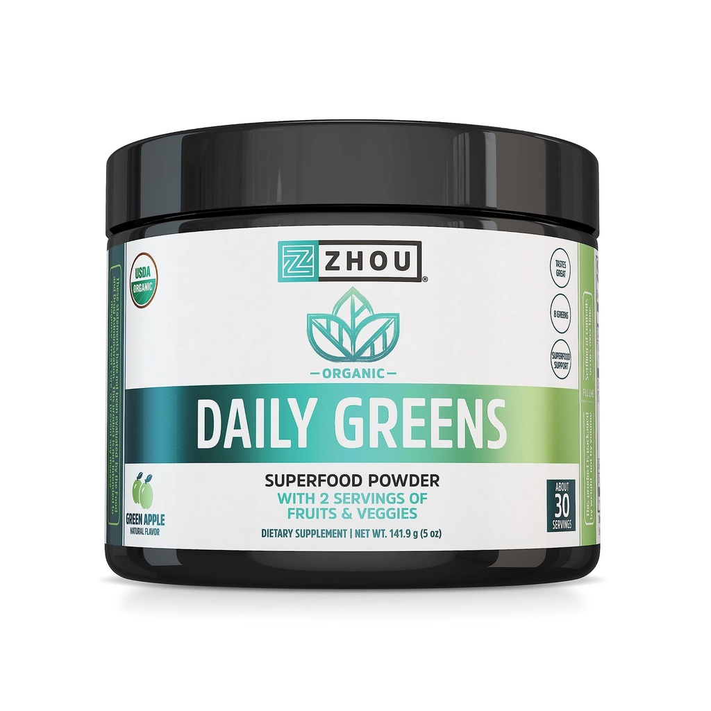 ZHOU Nutrition USDA Organic Supergreens Powder, Superfood Smoothie Juice Mix, Spirulina, Clorella, Wheatgrass, Kale, Fiber, Immune and Energy Support, Vegan, Non-GMO, 30 Servings