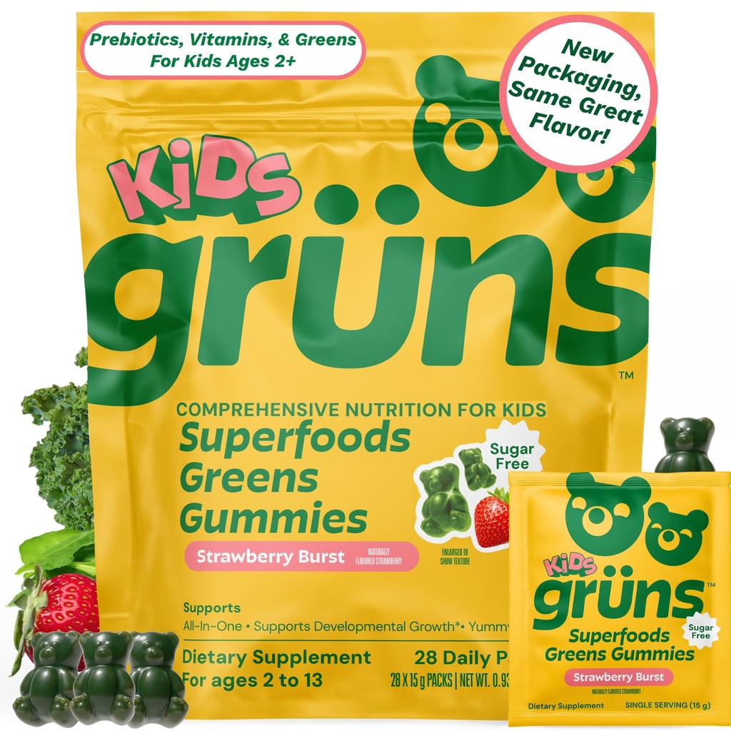 Fruns Kids Vitamins, Super Greens Gummies, Superfood Gummy Bears con Spirulina, Clorella, Prebióticos Fiber for Digestive Health, Adaptogens Suplemento, 20 Vitaminas &amp; Minerals, 28 días Pack