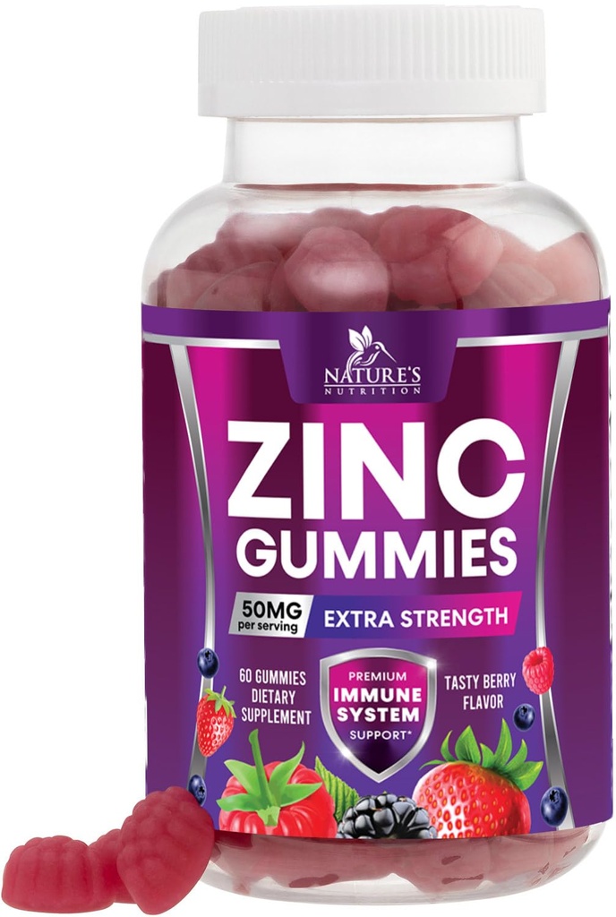 Zinc Gummies 50mg - Bone Skin &amp; Immune Support Health Gummy & Premium Antioxidant Chewable for Adults - High Absorption Vegan, Gluten Free Zinc Supplements Vitamina - Tasty Berry Flavor - 60 Gummies