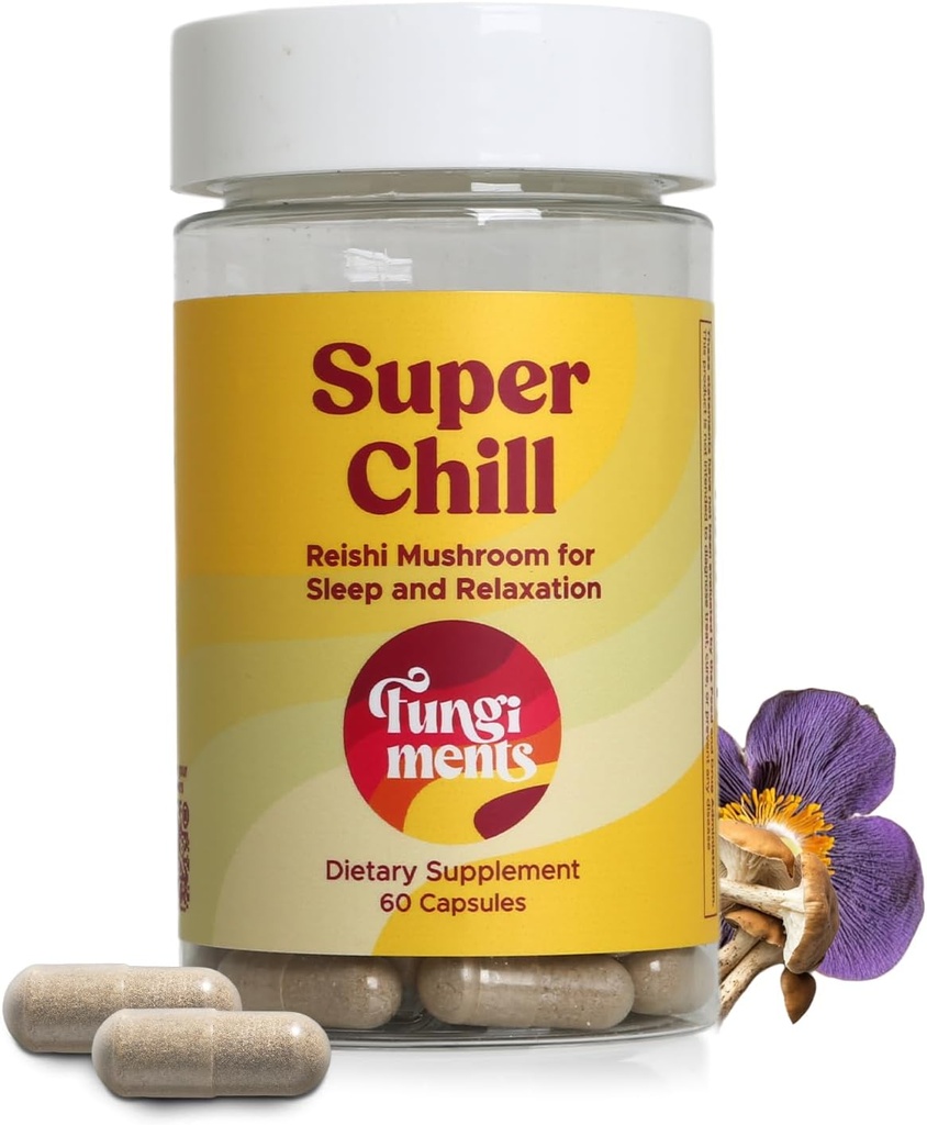 Fungimentos Super Chill - Suplemento de hongos - Reishi Mushroom, Ashwagandha, Cortizol, L-Theanine, Flores de Pasión - Menos estrés y mejor sueño (60 cápsulas)