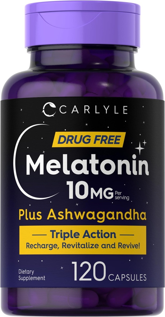 Carlyle Melatonin 10mg ← 120 Capsules Silencio con Ashwagandha ¦ Triple Fuerza Fórmula ← Non-GMO, Gluten Suplemento Gratis