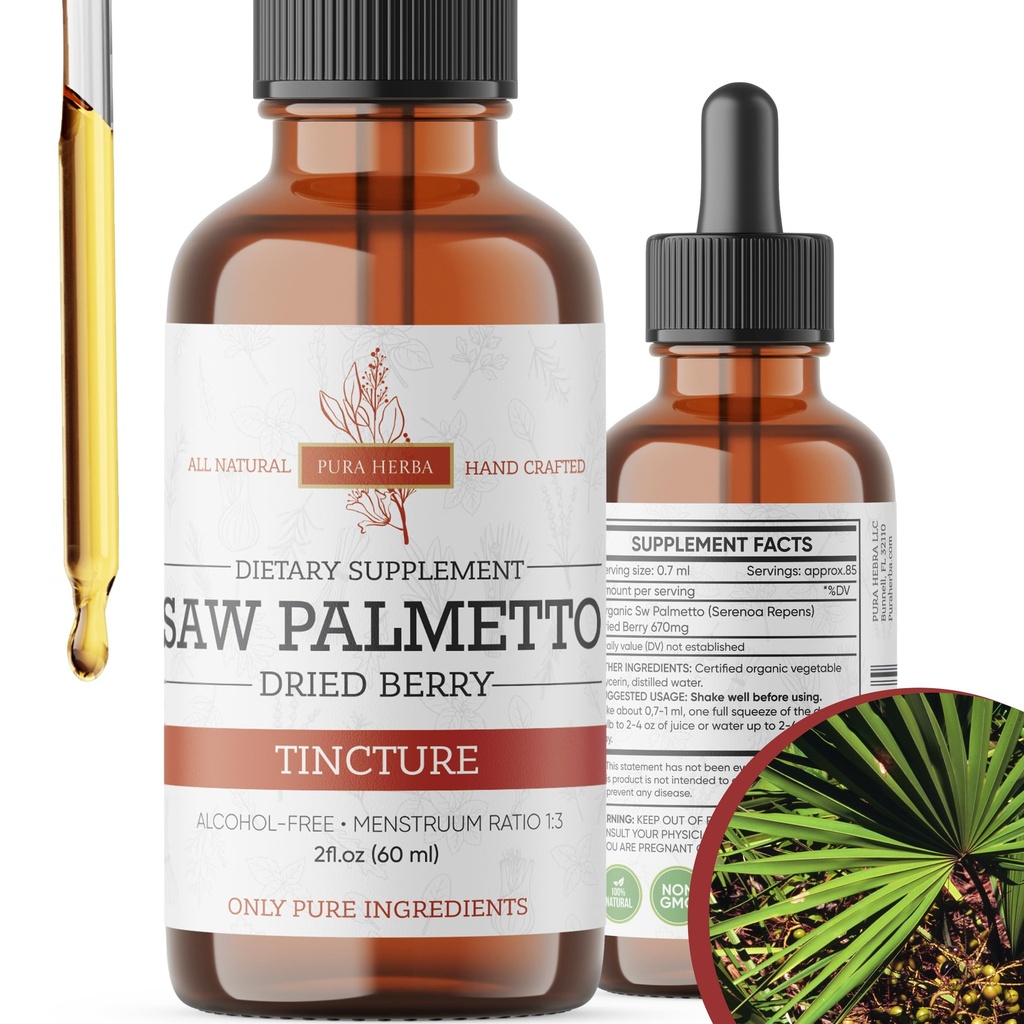 Saw Palmetto Tincture ← Premium Extract herbal libre de alcohol de Saw Palmetto Berries ← Suplemento botánico líquido ← Fórmula herbal tradicional Silencioso Made in USA - 2 oz (60 ml)