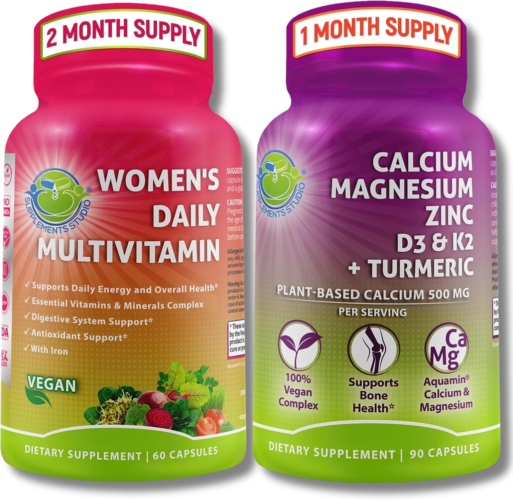 SUPPLEMENTOS STUDIO Integral Wellness & Bone Health Bundle - Women's Daily Multivitamin with Iron + Plant-Based Calcium, Magnesium, Zinc, D3, K2 & Turmeric - Vegan, Non-GMO, Clean Ingredients