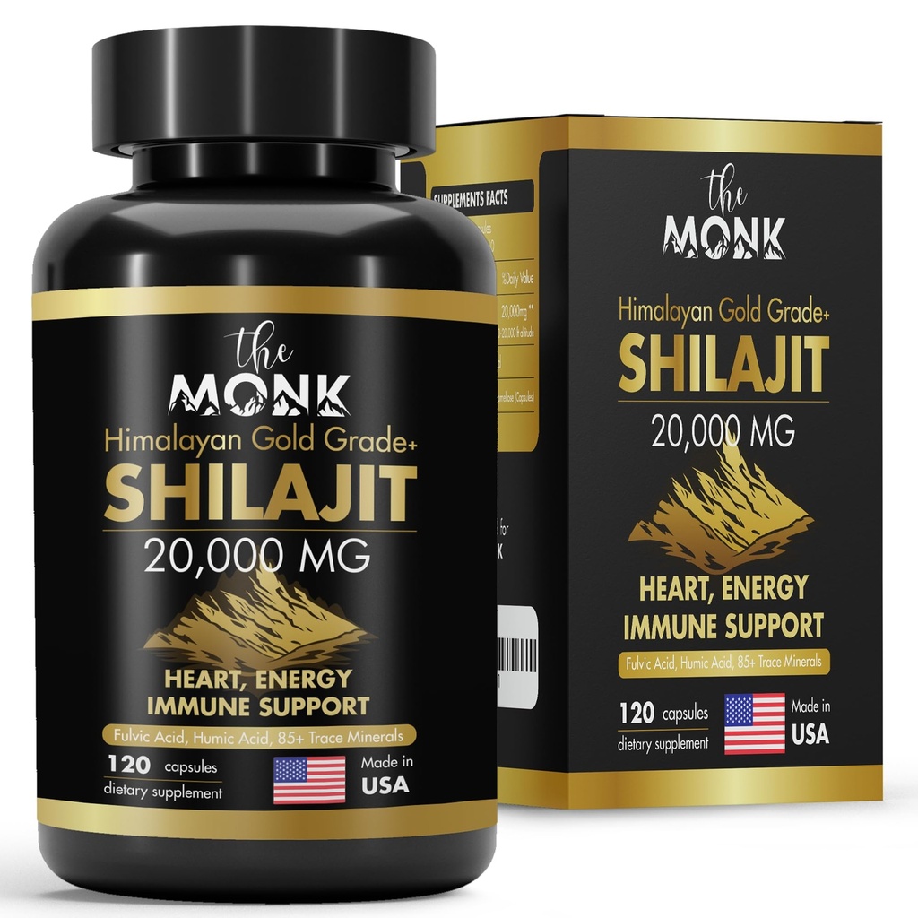 Shilajit orgánico con ácido fúlvico, ácido húmico, 85+ Minerales- Gold Grade Plus - Igual que Resin - Energía, resistencia, apoyo cerebral - 120 cápsulas - Hecho en los EE.UU.