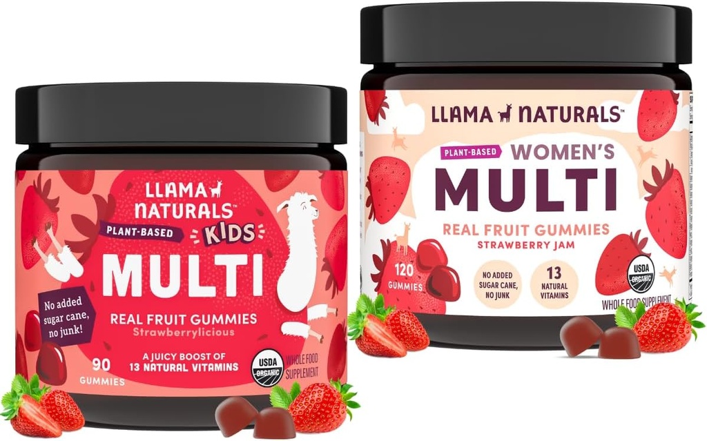 Llama Naturals Real Fruit Multivitamin Gummies | Kids & Women's Whole Food-Based Vitamins | No Added Cane Sugar | Organic, Vegan, Chewable | 90 ct & 120 ct | Strawberry