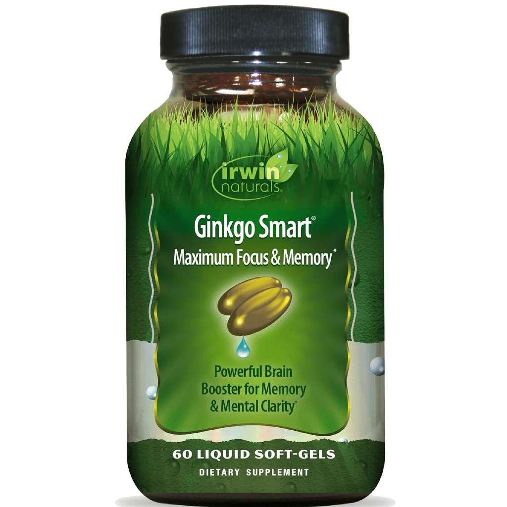 Irwin Naturals Ginkgo Smart Powerful Nootropic Brain Booster - Admite la memoria máxima, Focus " Mental Clarity with DMAE, Clubmoss, Choline " Acetyl L-Carnitine - 60 Liquid Softgels