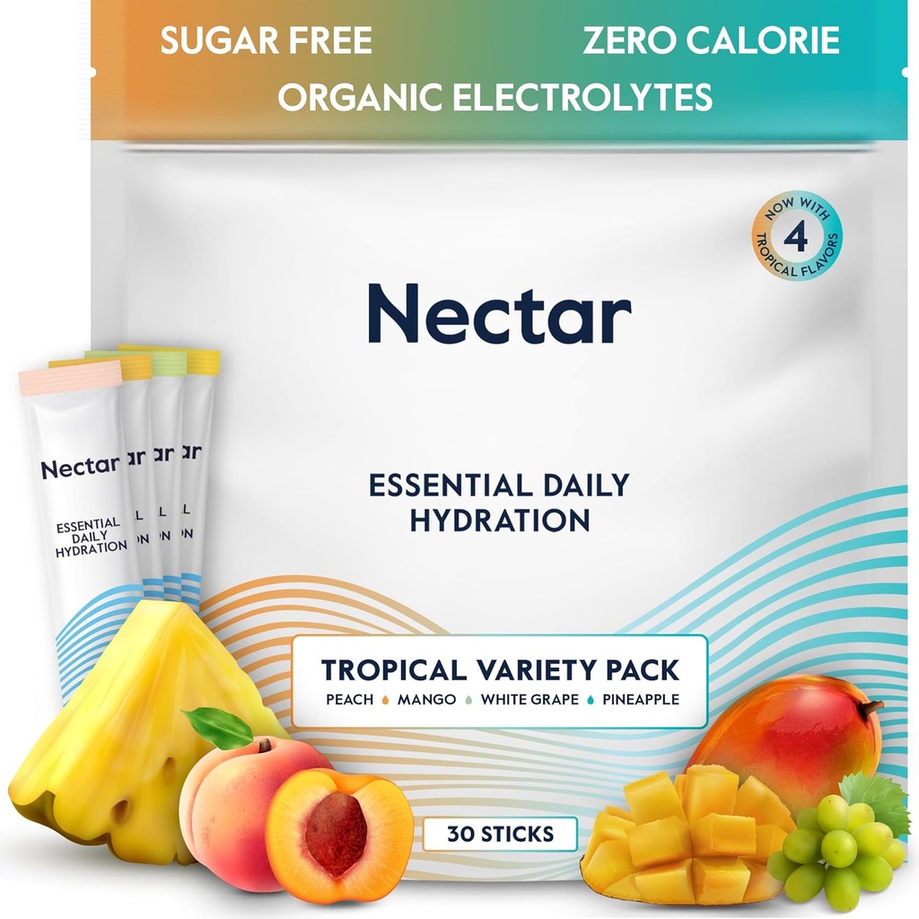 Embalajes de hidratación Nectar - Electrolitos Embalajes de polvo - Sugar Gratis > 0 Calorie - Electrolitos de fruta orgánica líquido diario IV Polvo para alivio de la deshidratación & Rehidratación (Tropical Variety 30 Pack)