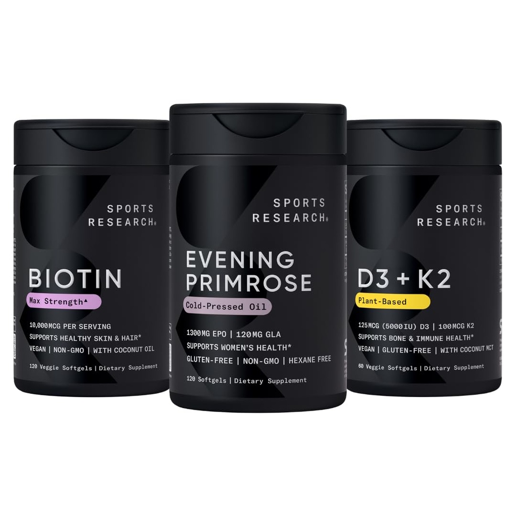 Sports Research® Women's Health Support - Vegan Biotin 10,000mcg with Coconut Oil, Evening Primrose Supplement from Cold Pressed Oil and Plant Based Vitamin K2 MK7 + Vegan D3 5000iu