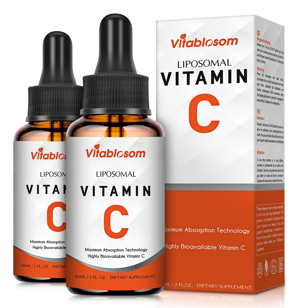 Vitamina Liposómica C 2000mg Líquido para Adultos, Alta Absorción VIT C, Maximizar la vitamina C, Sistema Inmunitario " Apoyo Antioxidante, 60ML (2 Botella)