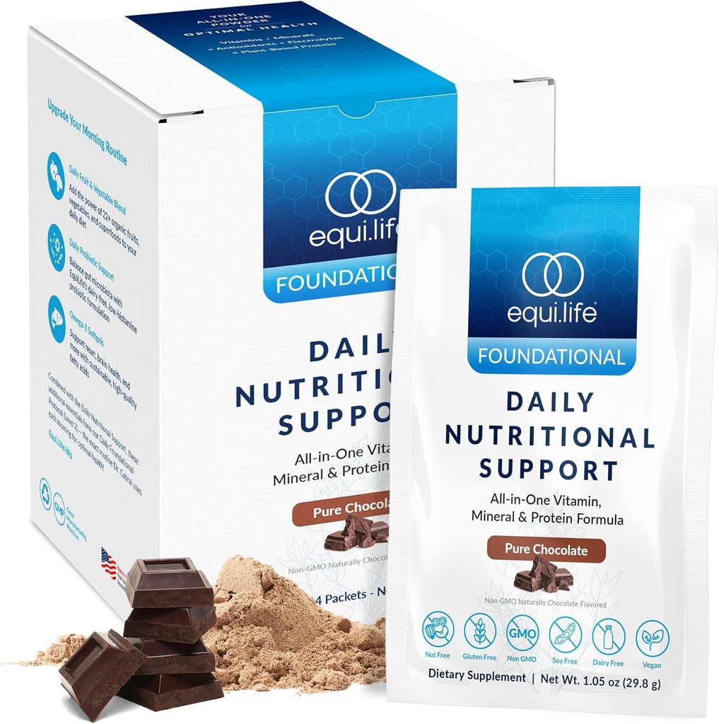 Equilife Daily Nutritional Support, All-in-One Multivitamin Meal Replacement, Pure Chocolate Flavor, 15G Plant Protein, Supports Total Wellness Incluido Energía, Digestión, Habilidad, 14 Packets