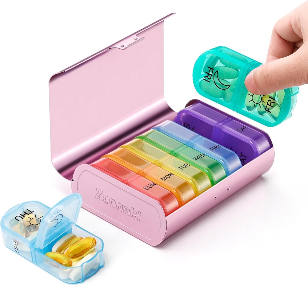 Zannaki Metal XL Organizador semanal de píldoras 2 veces al día, gran caja de píldoras diarias de viaje 7 días, semana portátil contenedor de dos veces, AM PM Caso de píldora para la medicina Suplemento de vitaminas, Rosa