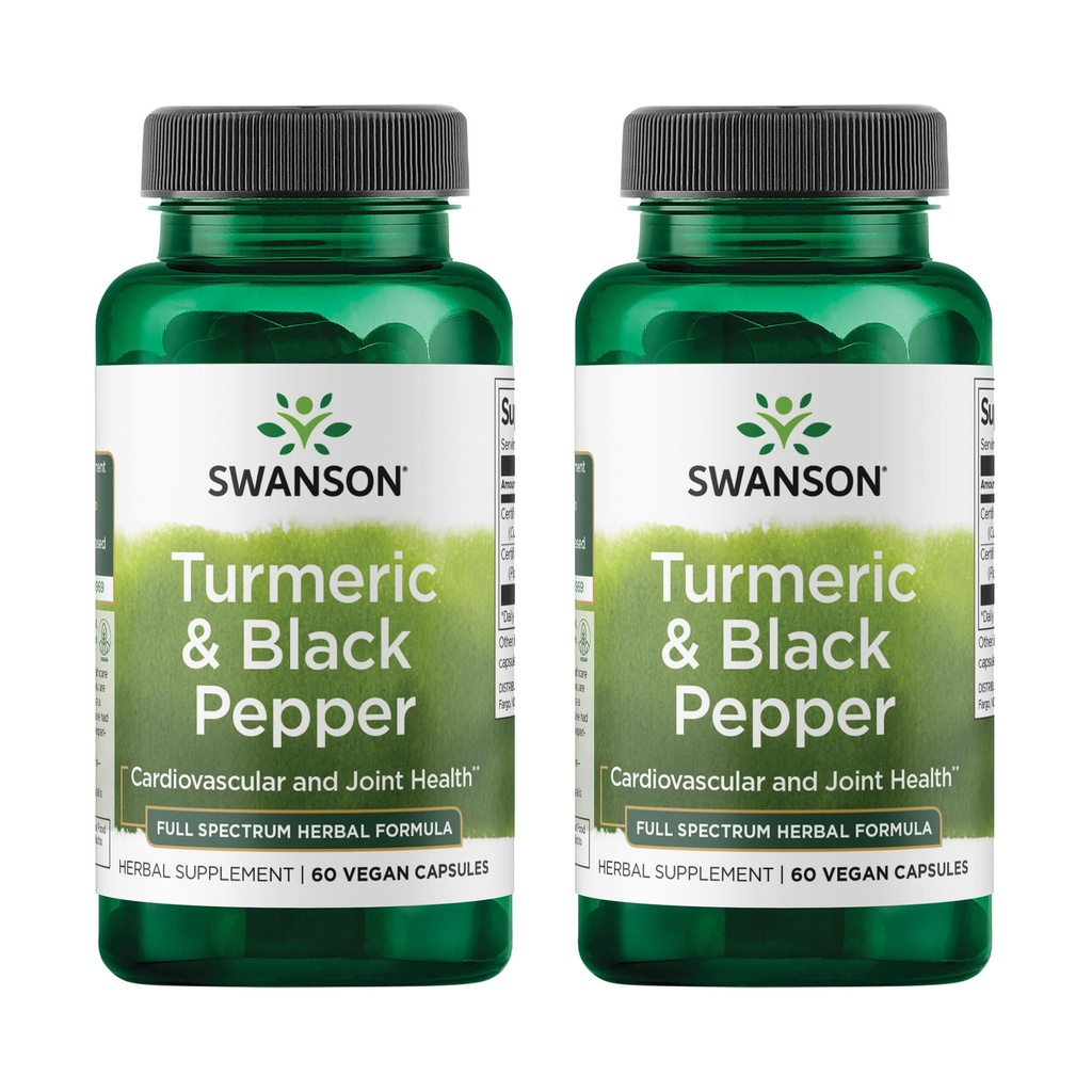 Swanson Turmeric " Black Pepper - Organic Joint Health, Heart Health, Digestion, " Liver Support Supplement - Natural Formula for Enhanced Bioavailability " Absorption - (60 Veggie Capsules) 2 Pack