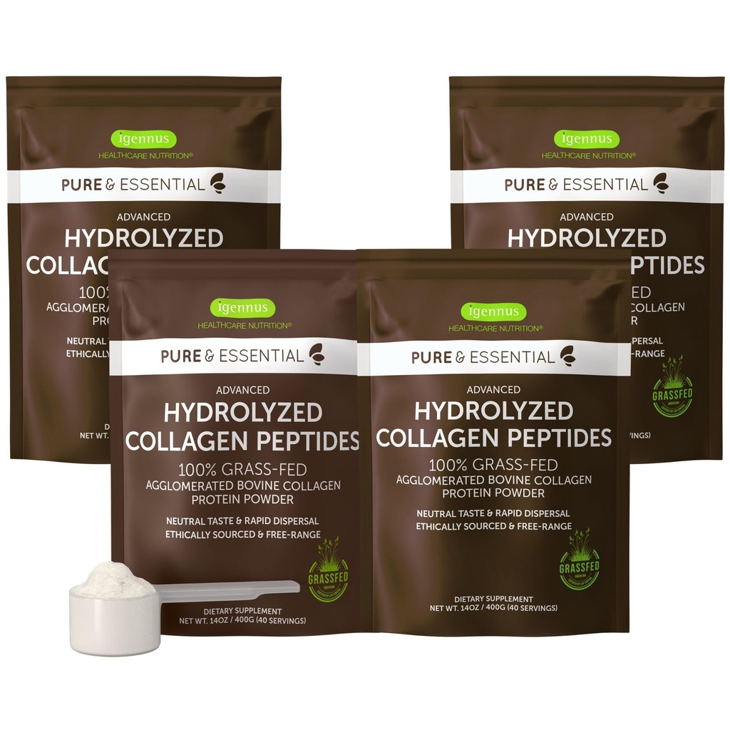 Igennus Free Range Grass Fed Hydrolyzed Bovine Collagen Peptides, Neutral Taste, 100% Highest Grade Bovine Collagen Protein Powder, Tipos 1, 2 & 3, Clean Label, Non-GMO, Free Range,4 x 40 Servings