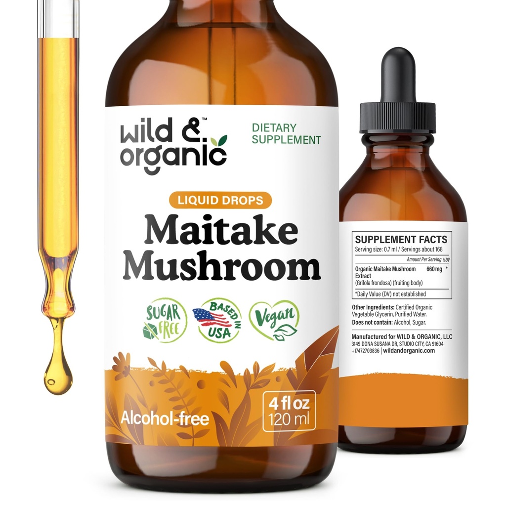 Wild &amp; Organic Maitake Mushroom Tintura - Immune Support Suplemento - Liquid Maitake Mushroom Extract - Vegan, Azúcar &amp; Alcohol-Free Drops - 4 fl oz