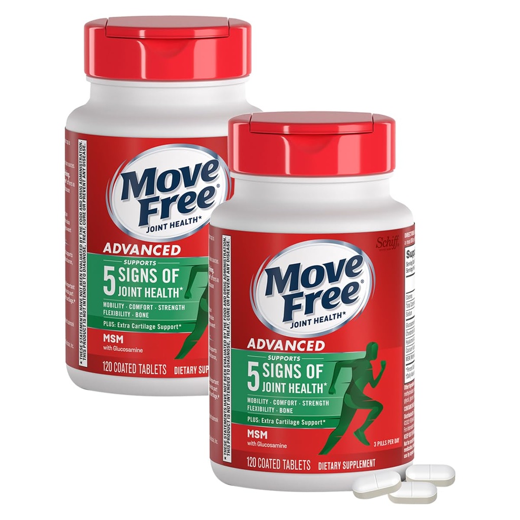 Move Free Advanced Glucosamine Chondroitin MSM Joint Support Supplement, Supports Mobility, Comfort, Strength, Flexibility & Bone, 120 Tablets/40 Servings (2 Pack)