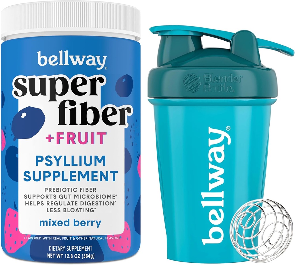 Bellway Super Fiber Powder + Fruit, Mixed Berry Shaker Bottle Bundle