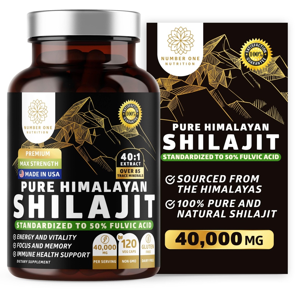 Suplemento puro Himalayan Shilajit para Hombres y Mujeres, [40,000MG, Max Strength] Contiene 50% Ácido Fulvico con más de 85 Minerales Trace para apoyar Energía, Cerebro e Inmunidad, 120 Caps Veg