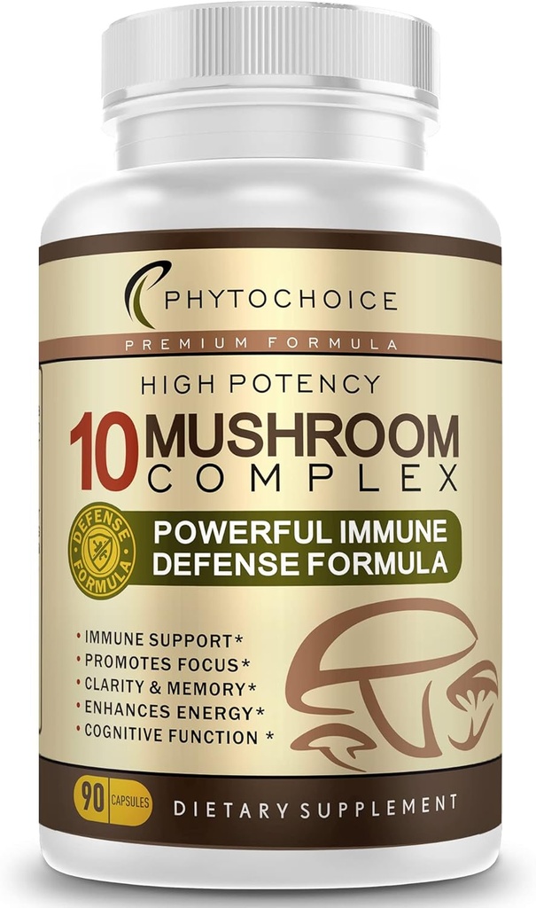 10 Mushroom Complex Nootropic Brain Supplement-Advanced Blend of Best Functional Mushrooms-Brain Memory Focus Energy, Immune Support-Lions Mane-Reishi-Cordyceps-Chaga-Turkey Tail (90 cápsulas)