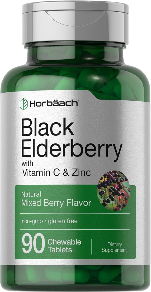 Horbaach Black Elderberry con Vitamina C y Zinc TENIDO 90 Tabletas Chewable ← Berry Flavor mezclado Silencioso Complejo Apoyo Inmune ANTE Vegetariano, No GMO y Gluten Suplemento Libre