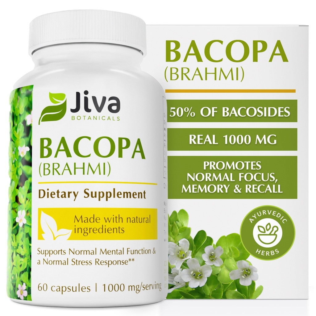 Jiva Botánicos Bacopa Monnieri Suplemento Puro 1000mg por Serving - Alta Potencia Bacopa Monnieri (Brahmi) " Extracto para cerebro normal, Focus, " Apoyo a la memoria - Herbs ayurvédico - 60 cápsulas