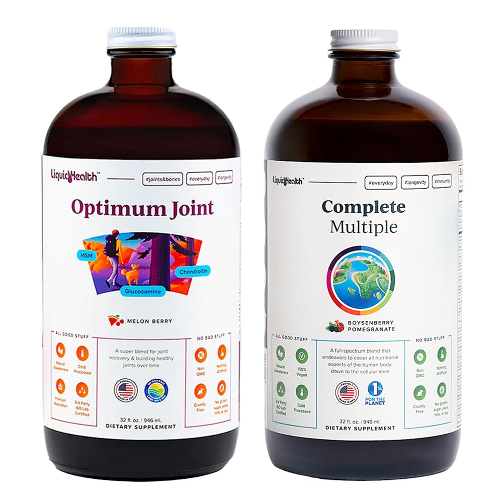 LIQUIDHEALTH Optimum Joint Glucosamine Chondroitin Supplement & Complete Multiple Daily Multivitamin Bundle for Men &amp; Women - Immune Support, Bone Joint Health, Whole Foods - USA Made, Vegan, Non-GMO