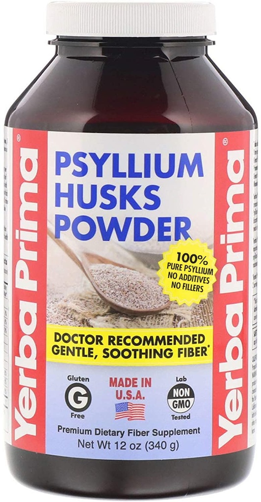 Yerba Prima Psyllium Husks Fiber Powder, 12 onzas - Natural Fiber Supplement - Colon Cleanse - Gut Health - Vegan, Non-GMO, Gluten Free