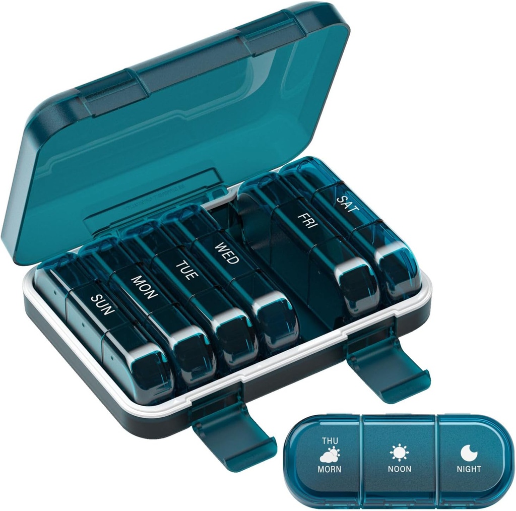 Organizador semanal de píldoras 3 veces al día, 7 días Caja de píldoras portátiles para píldoras, vitaminas, aceite de pescado, medicamentos, suplementos (3x7 azul)