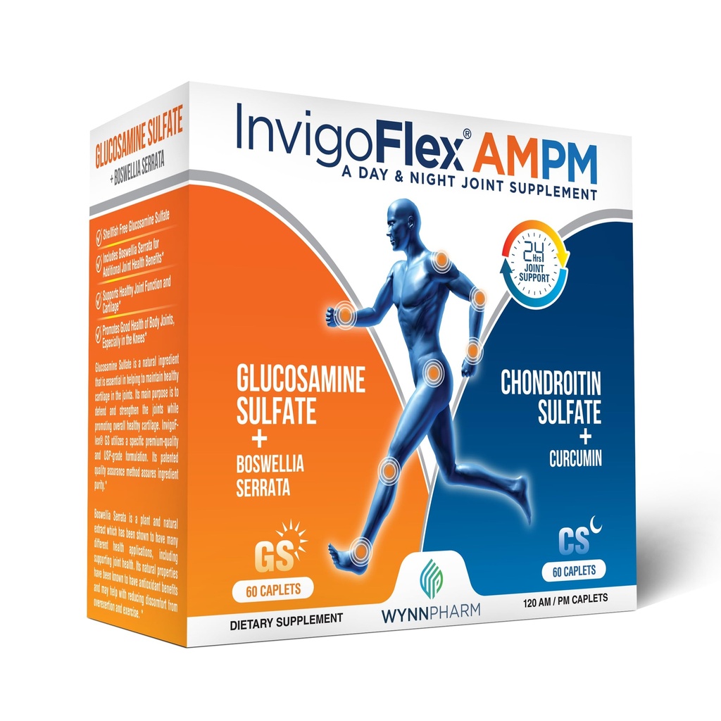 INVIGOFLEX® AMPM - Sulfato de Glucosamina " Condroitina - Curcumina Turmérica - Boswellia Serrata (No GMO) para rodillas, manos, espalda y cadera 24 - Suplemento Conjunto Premium de horas