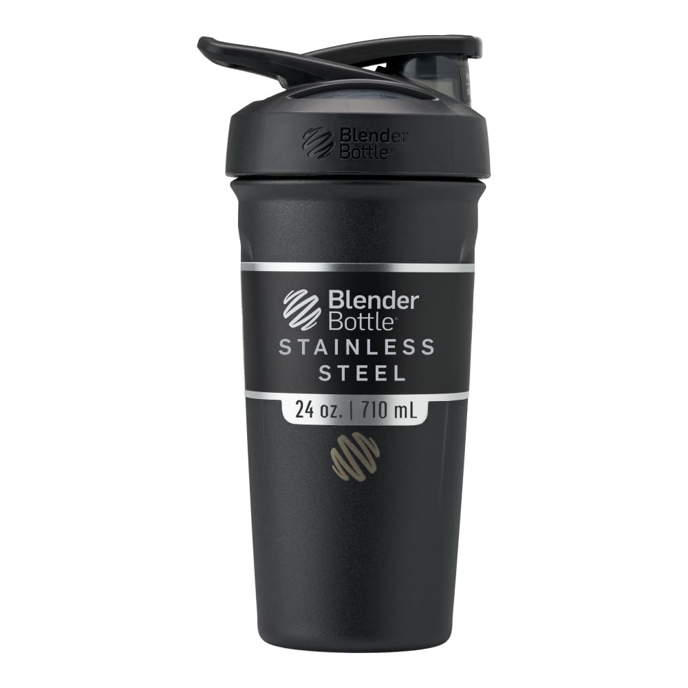 BlenderBottle Strada Shaker Cup Botella de agua de acero inoxidable aislada con Wire Whisk, 24 onzas, Negro