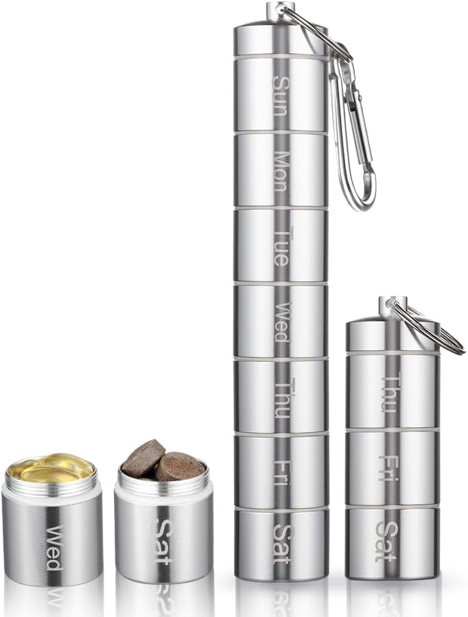 Metal Moisture Proof Weekly Pill Organizer 7 Day 3 Times a Day, Stackable Aluminum Alloy Free Travel Hiking Pill Box Case Waterproof and Large Compartment to Hold Pills, Vitamins, Fish Oil, Supplem