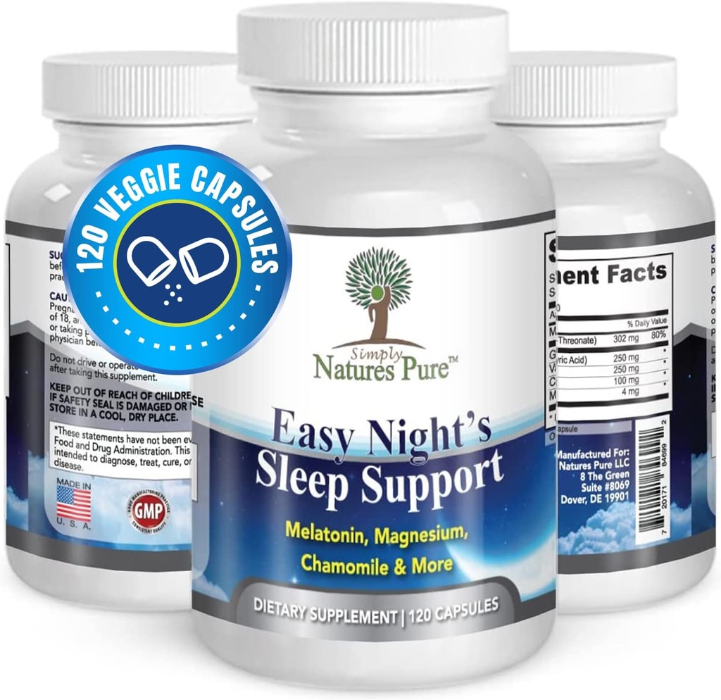 Simplemente Naturalezas Puras – Fácil Noche de Apoyo al sueño – Suplemento Natural – Magnesio – Gorra Valeria – Manzanilla – Melatonina – Cápsula Vegeta – No GMO