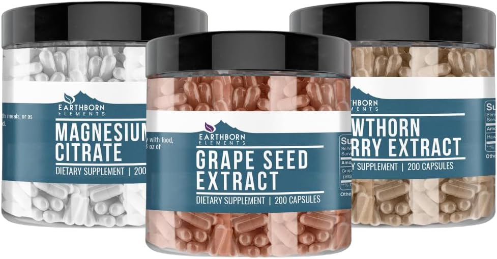 Elementos terrestres Hawthorn Berry, Grape Seed, & Magnesium Citrate Bundle (200 caps), Puro " Undiluted, No Additives
