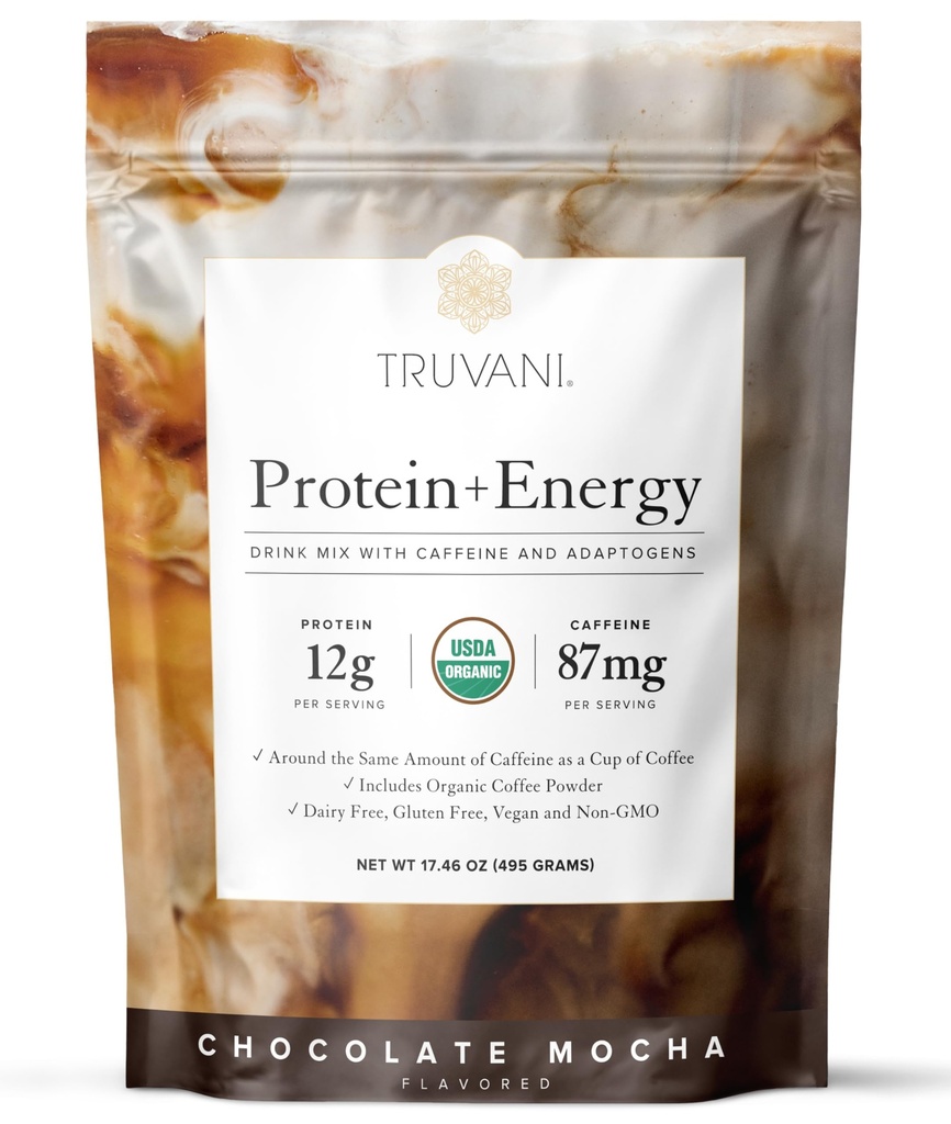 Truvani Protein + Energy Drink Mix with 87mg Caffeine | Chocolate Mocha | 12g Organic Plant Based Protein | 20 Servings | USDA Organic Coffee Powder & Adaptogens | Gluten & Dairy Free | Vegan