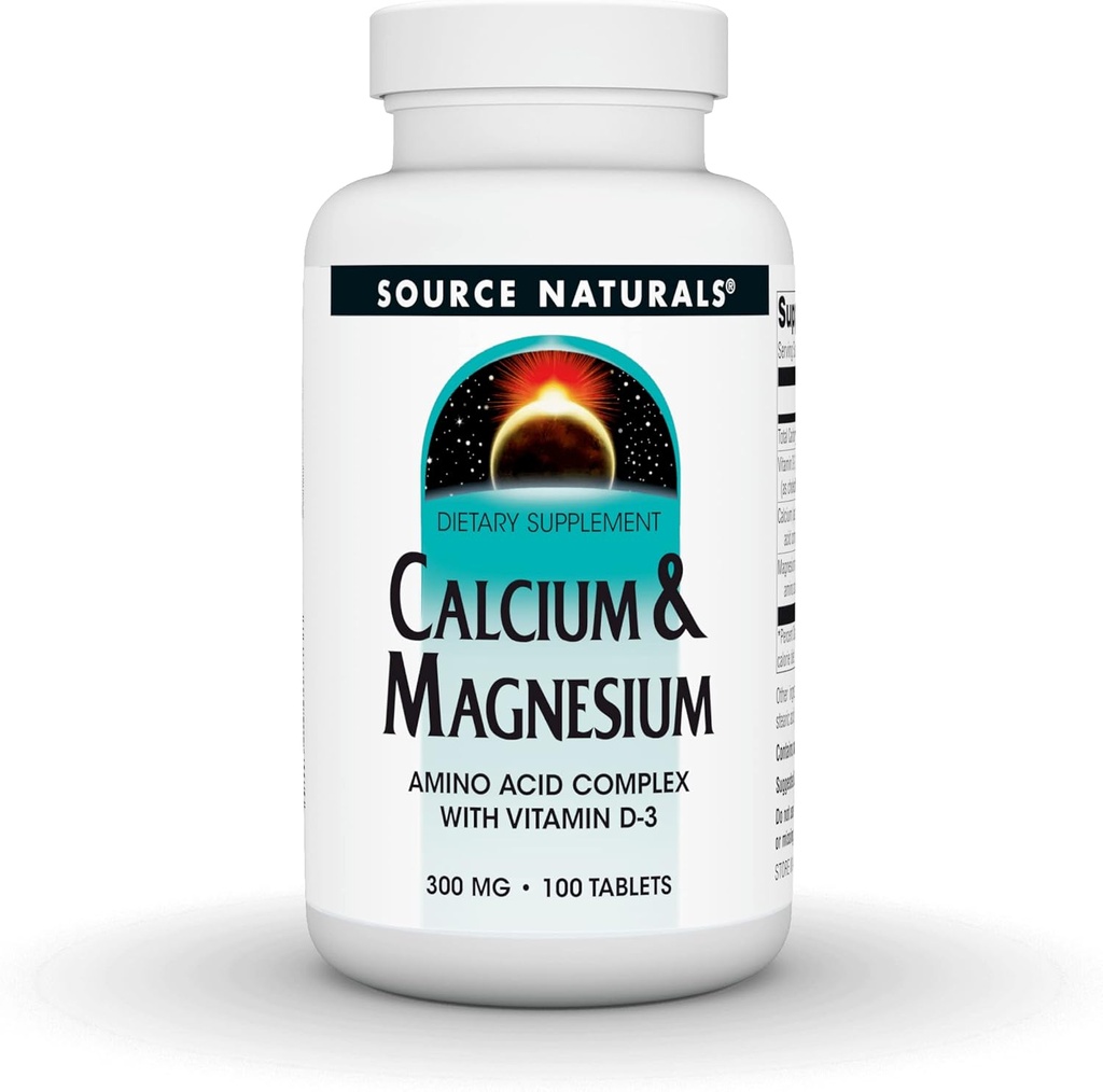 Fuente Naturales Calcio &amp; Magnesio, Aminoácidos Chelate con vitamina D-3, 300 MG - 100 Tabletas