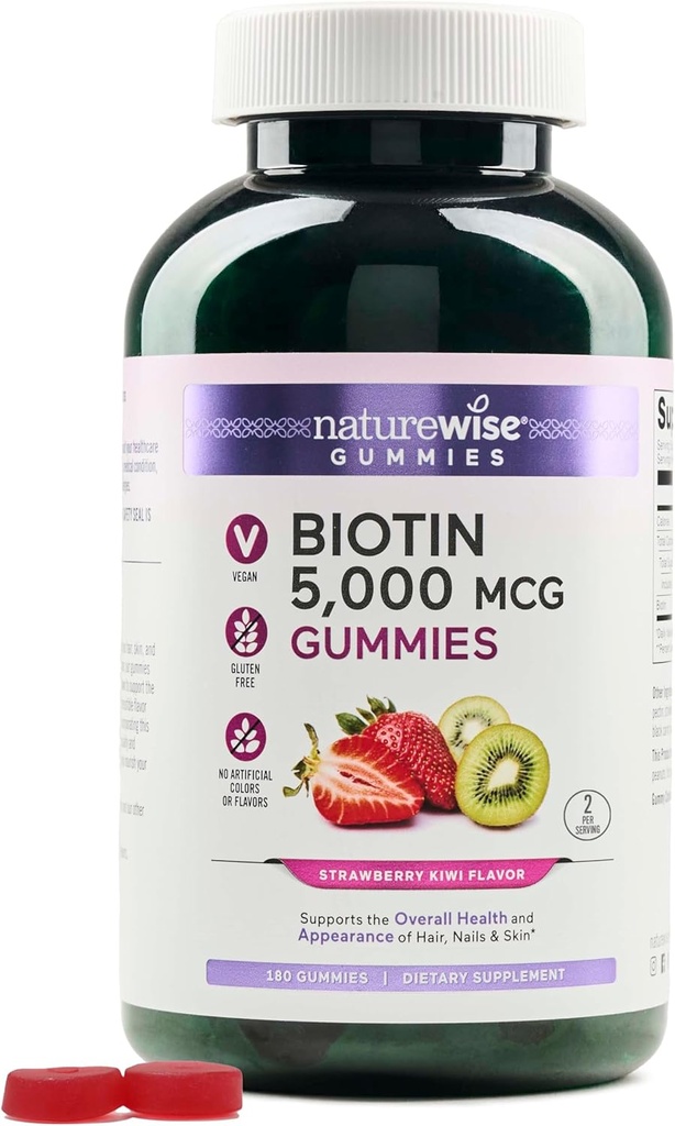NatureWise Biotin Gummies - Supports Healthy Hair, Skin and Strong Nails - Vitamin B7 5000mcg - Natural Beauty - Strawberry-Kiwi Flavor - Vegan, Non-GMO, Gluten Free - 180 Count[90 Day Supply]