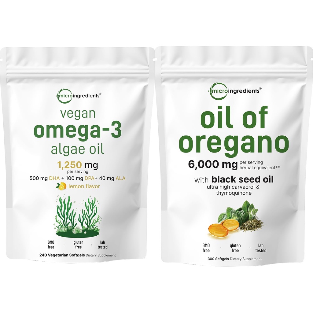 Micro Ingredientes Petróleo de Oregano Softgels 300 Conde & Vegan Omega 3 Algae Oil Supplement Bundle 2 Pack ← Carvacrol & Thymoquinone TEN Full Spectrum Omega-3 Alternative