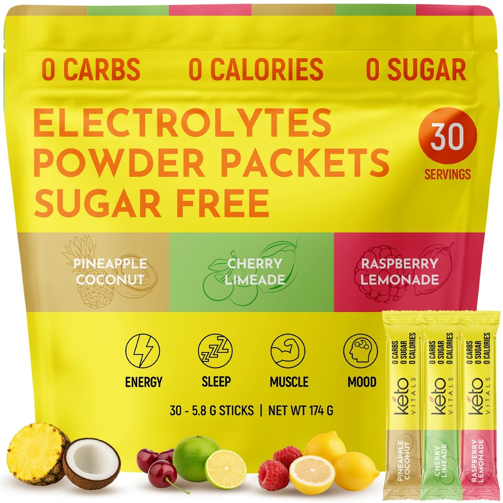 Keto Vitals Tropical Keto Electrolytes Powder No Sugar - Electrolytes with Potassium, Magnesium, Sodium, & Calcium - Sugar Free Electrolyte Powder Packets Drink Mix & Hydration Powder, 30 Servings