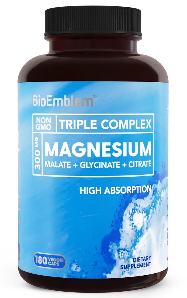 BioEmblem Triple Magnesium Complex | 300mg of Magnesium Glycinate, Malate, & Citrate for Muscles, Nerves, & Energy | High Absorption | Vegan, Non-GMO (180 Capsules)