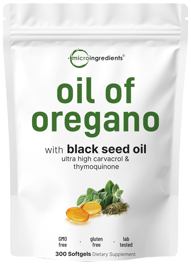 Micro Ingredientes Aceite de Oregano Softgels, 300 Conteo Silencioso 2 en 1 Formulado con Aceite de Semillas Negras, 4X Strength Carvacrol & Thymoquinone