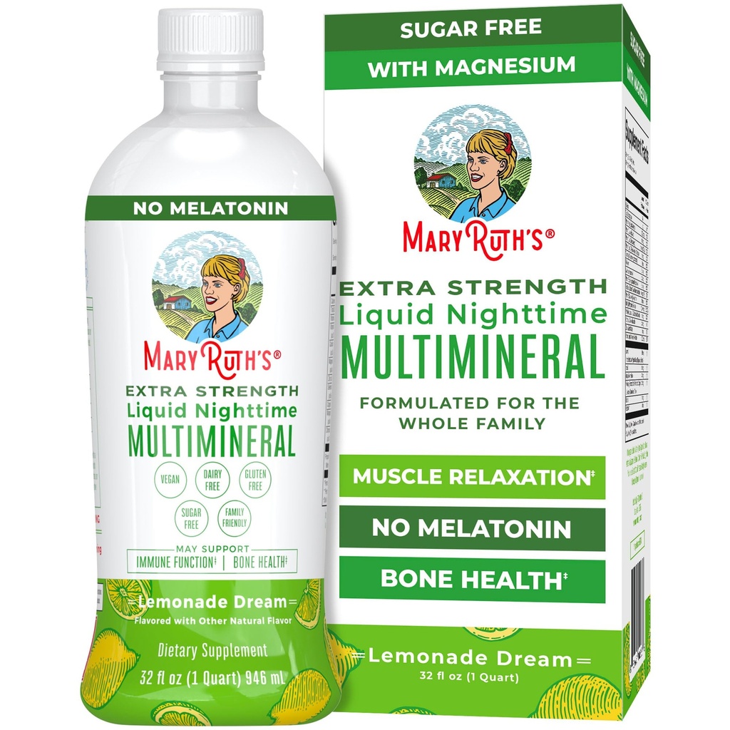 MaryRuth Organics Extra Strength Nighttime Liquid Multimineral | Sugar Free | Calm Magnesium Citrate | NO Melatonin | Calcium Magnesium Zinc | Muscle Relaxation | Lemonade Flavor | Vegan | 32 Serving
