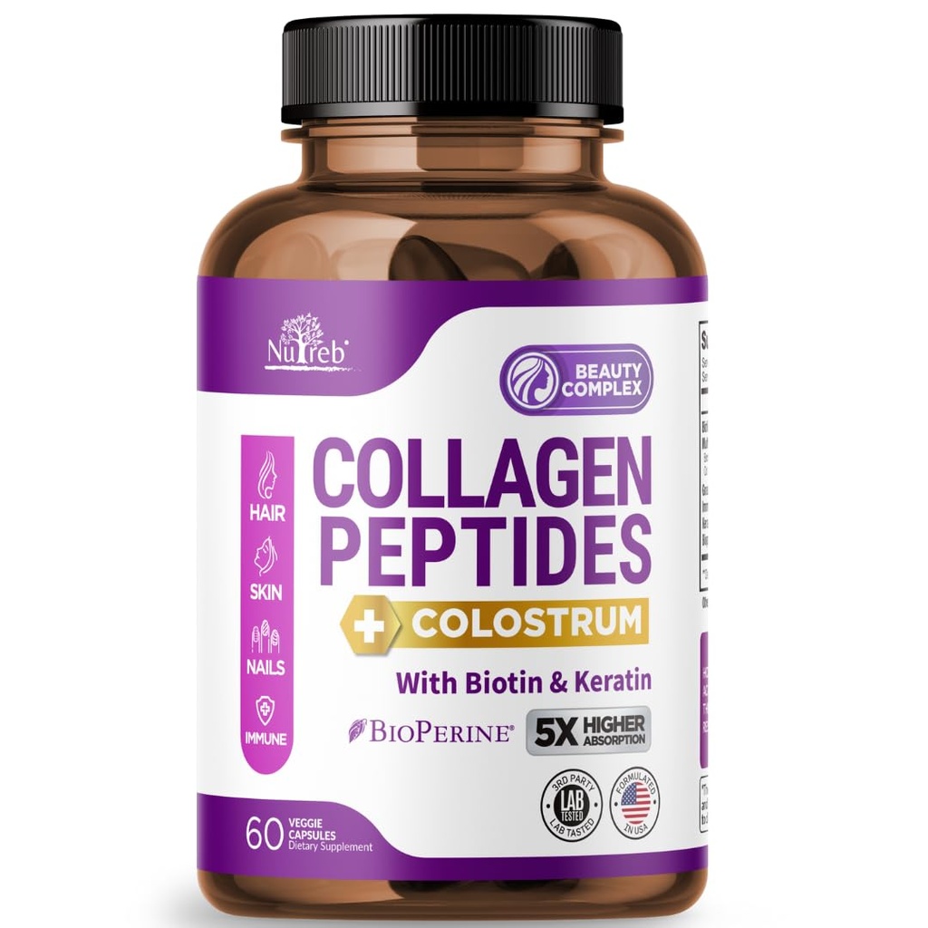 Nutreb Collagen Peptides for Women with Colostrum, Biotin and Keratin - Type I, II, III, V, X - 5X Higher Absorption - Hair Skin and Nails Vitamins - Collagen for Women - Collagen Pills - 60 Capsules