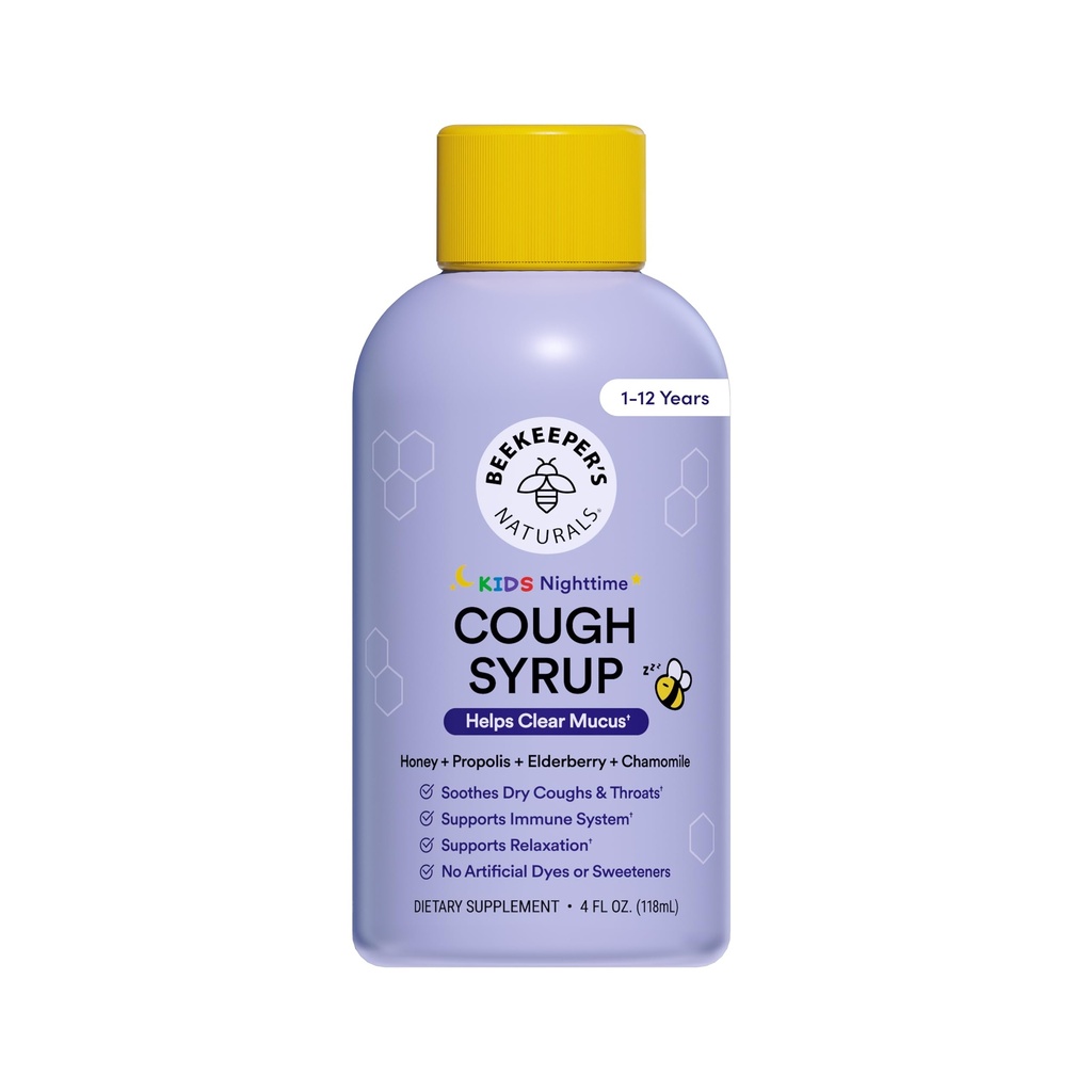 Beekeeper's Naturals Propolis Honey Cough Syrup Nighttime for Kids Immune Support with Propolis, Elderberry & Raw Honey - Sleep Support with Chamomile &amp; L-Theanine - Gluten Free, 4 oz.