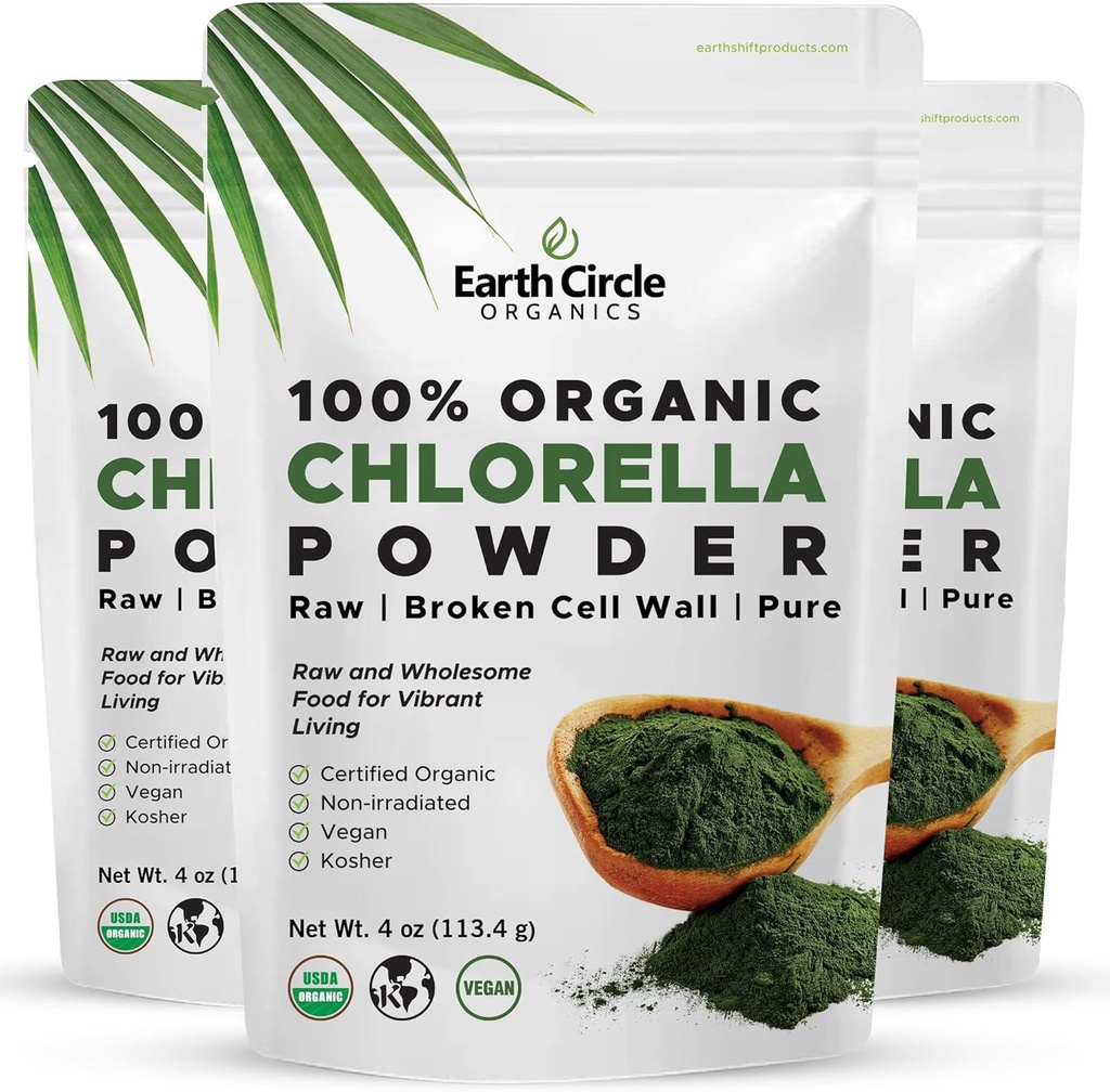 Círculo de la Tierra Orgánica Clorella Powder Ecológico Superalimentos ¦ Kosher ← Clorofila de la pared celular rota, Vegan, Super Green Algae, Clorella limpia, Alta en Proteína, Fibra & Aminoácidos - 4oz (3 Pack)